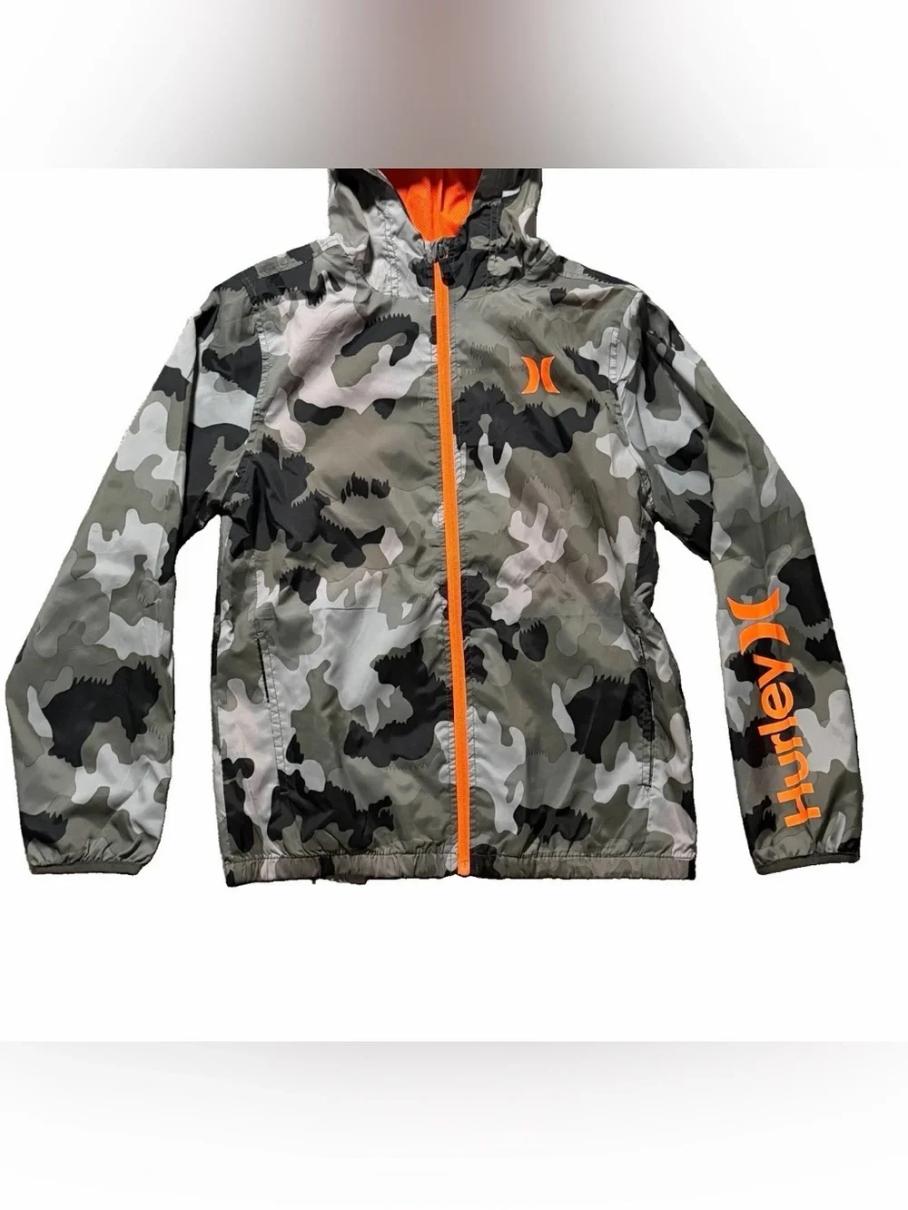 Hurley Zip Lightweight Hooded Windbreaker Jacket Boys Large Green Orange Logo